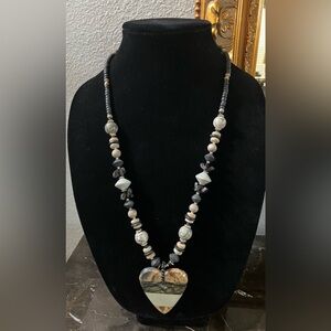 Elegant Black, Tan and Green Beads Necklace with Stone Heart Pendant. 26” long